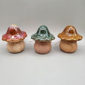 Set of Three Ceramic & Clay Colorful Hand-Painted Glazed Mushrooms